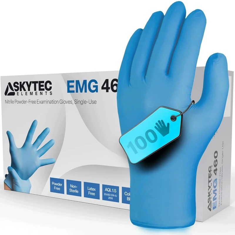 Skytec Premium Blue Nitrile Gloves - Pack of 100 Latex-Free Disposable Gloves - Non-Sterile Surgical Gloves for Medical, Food, & Cleaning - EN 455/374 PPE Certified - Medium