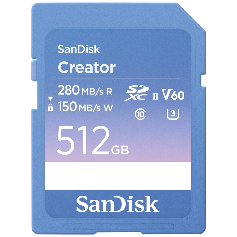 SanDisk Creator SD UHS-II SD Card, 512GB V60 Memory card, 6K & 4K UHD, read speeds up to 280 MB/s, Shock, Temperature, Water and X-Ray Proof, RescuePro Deluxe, Class 10, U3