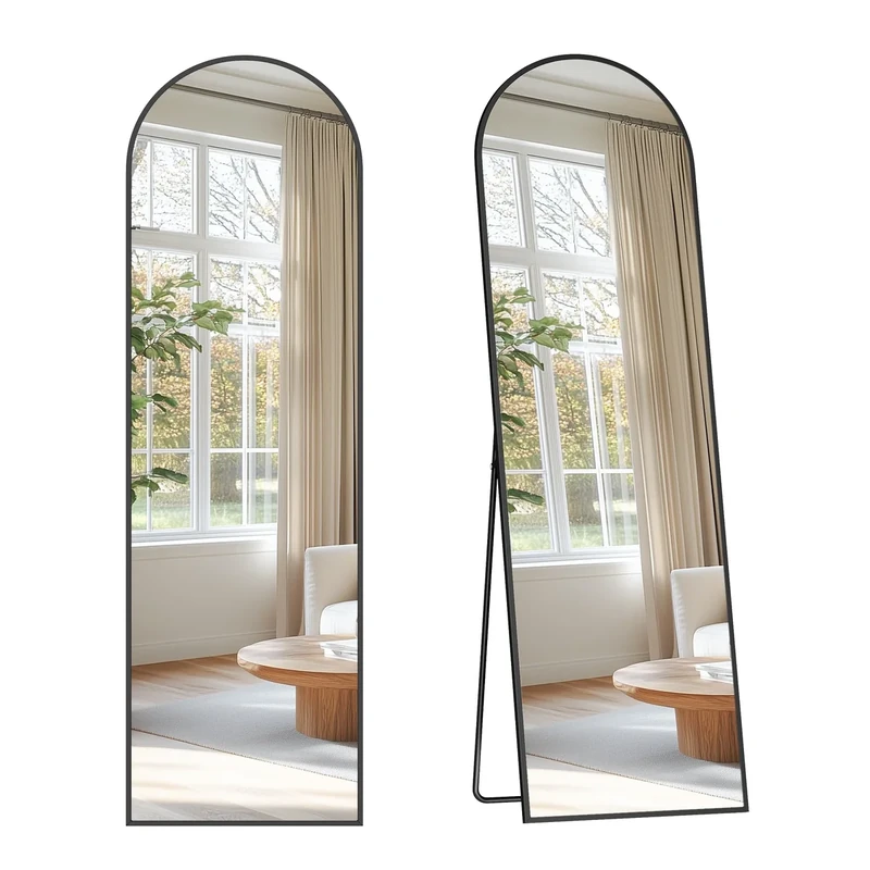 SONGMICS Full Length Mirror, 150 x 40 cm, Arched Full Body Mirror with Stand, Aluminium Alloy Frame, Tempered Glass, for Bedroom, Living Room, Cloakroom, Ink Black LFM035B01