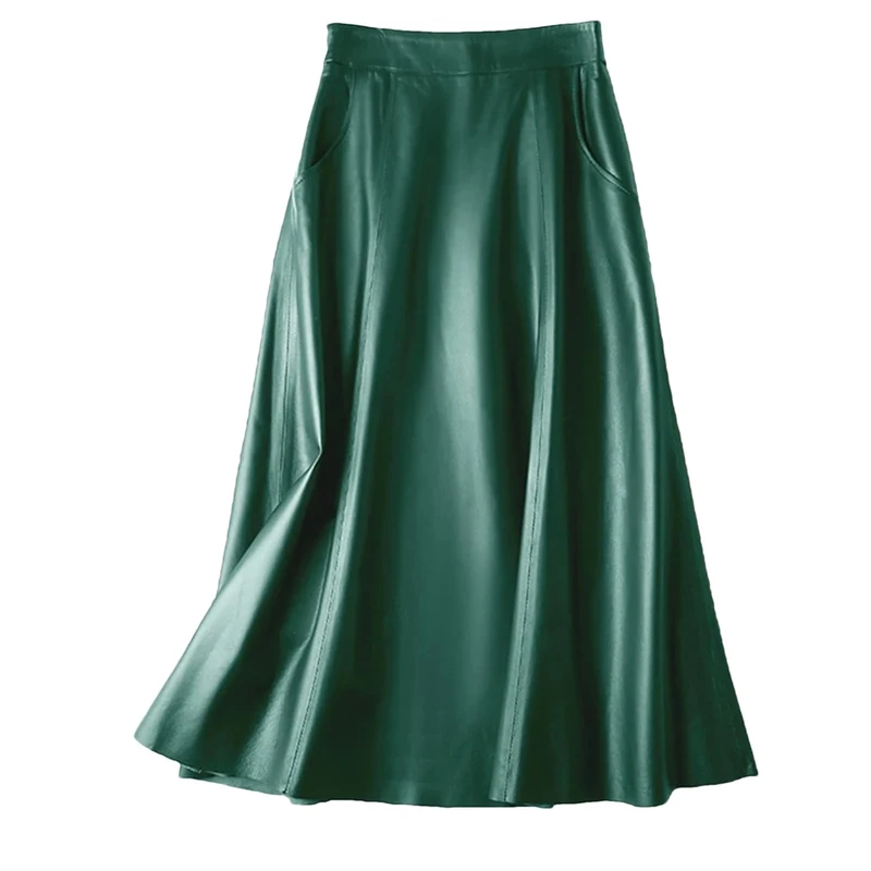 Women Autumn Winter High Waist A-Line Mid-Calf Leather Skirt Mini Pencil Skirt Dark EN8 M