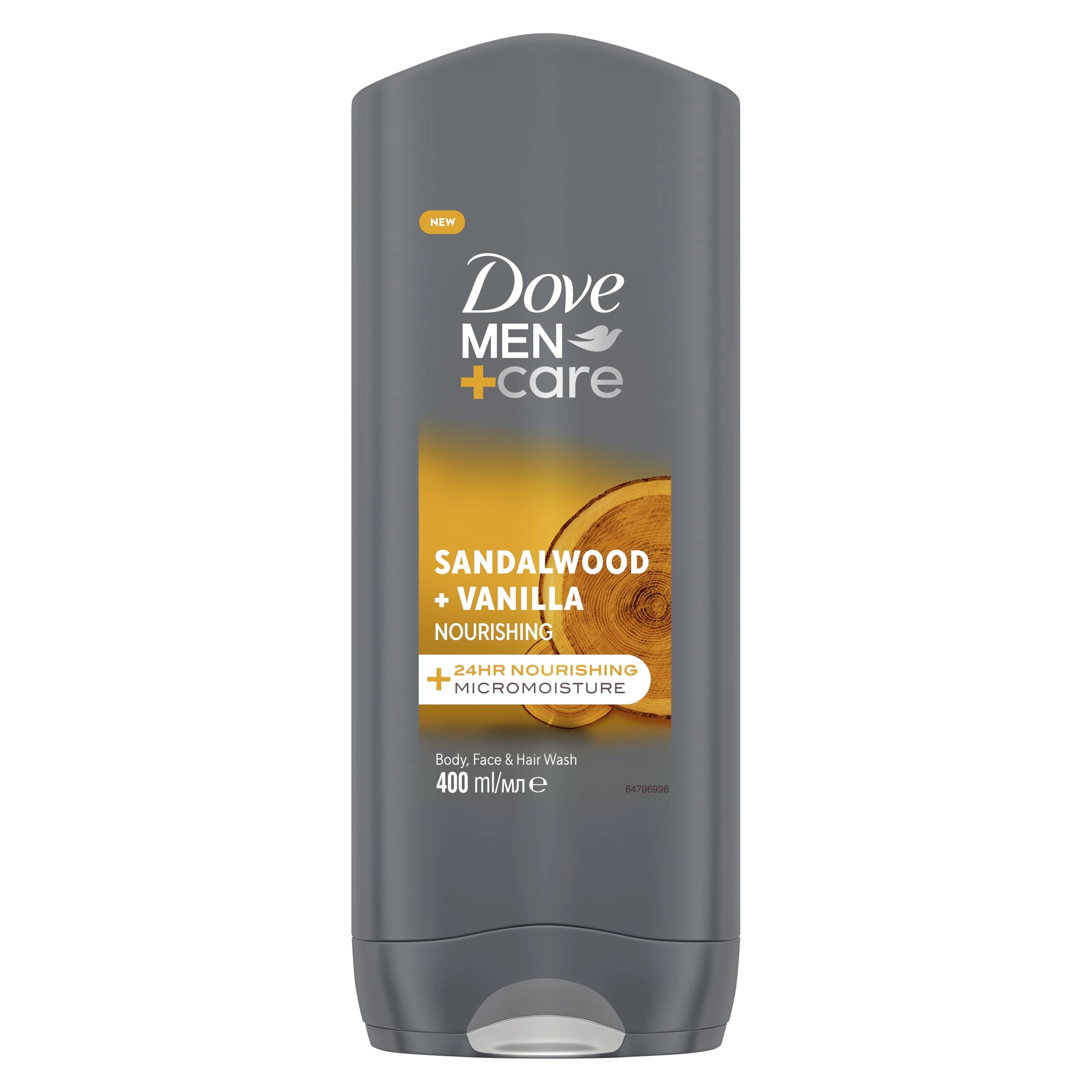 Dove Men+Care Sandalwood + Vanilla 3-in-1 Hair, Face and Body Wash Body Cleanser shower gel with MicroMoisture technology for 24 hour nourishment 400 ml