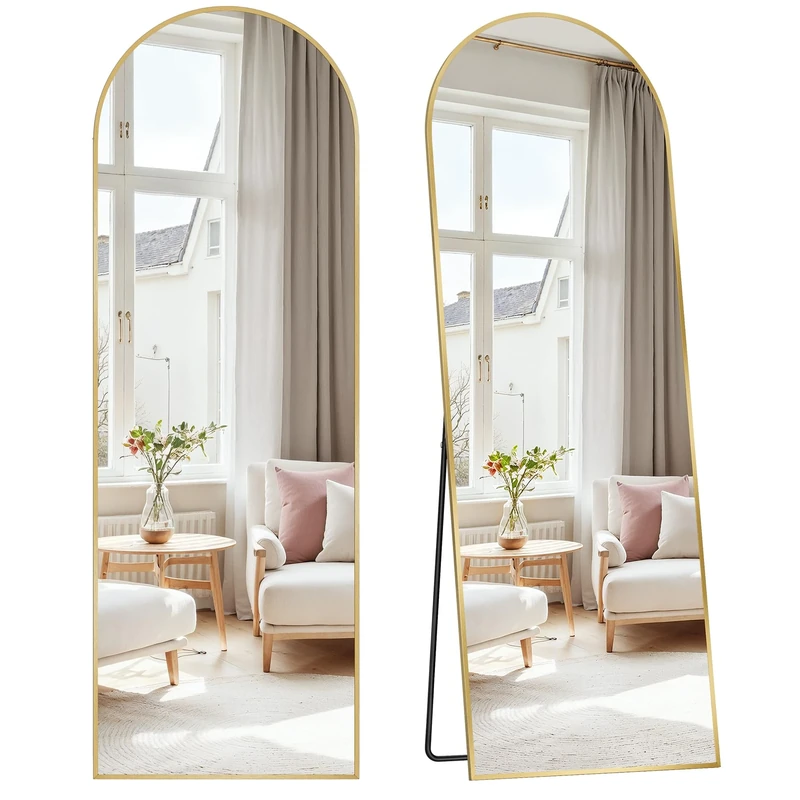 SONGMICS Full Length Mirror, 160 x 50 cm, Arched Full Body Mirror with Stand, Aluminium Alloy Frame, Tempered Glass, for Bedroom, Living Room, Cloakroom, Pale Gold LFM031A01