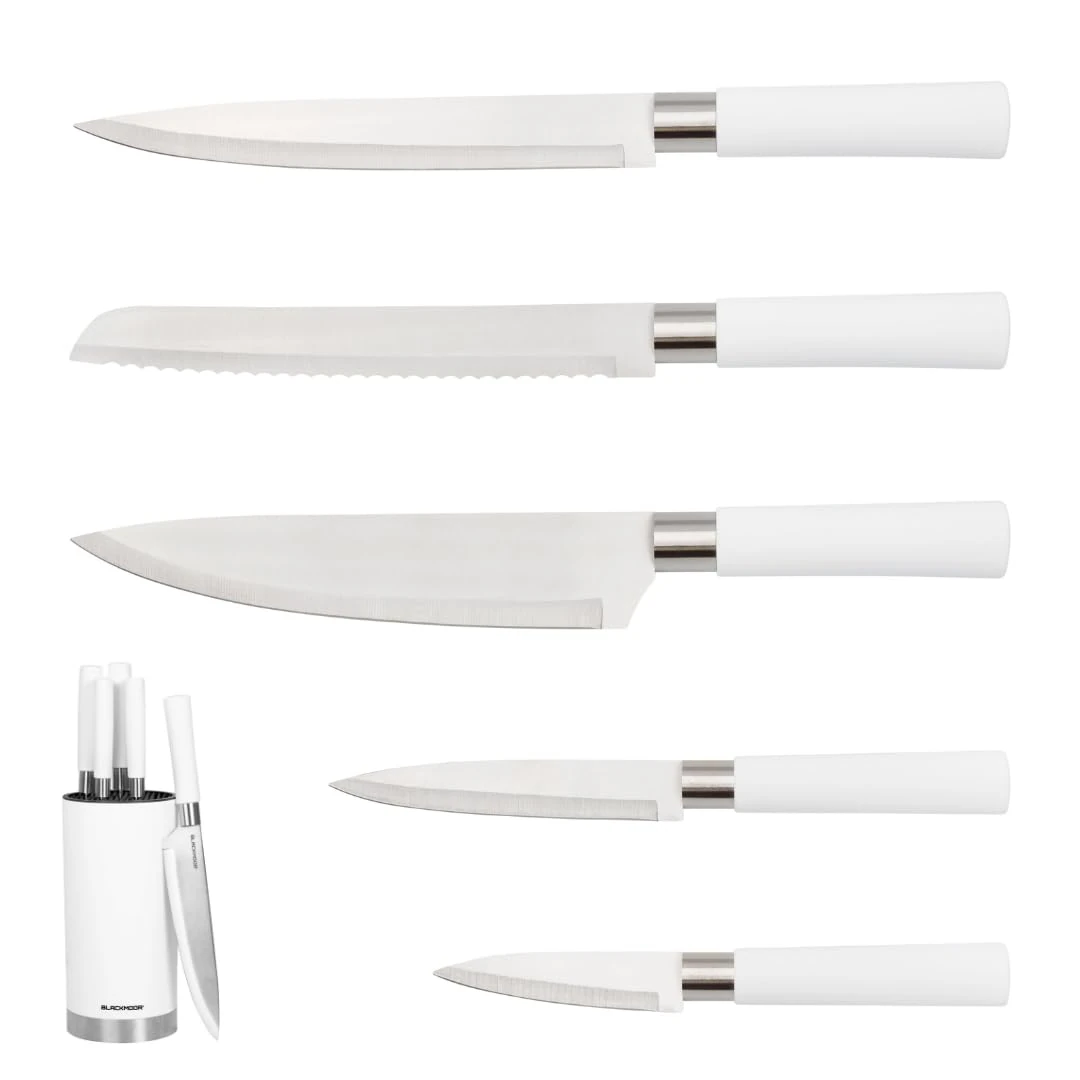 Blackmoor Orb 5 Piece Knife Set with Storage Stand/Stainless Steel Knives with Soft Grip Handles & Brushed Steel or Wood Detail/Easy Clean Essential Kitchen Accessory (White & Brushed Steel)