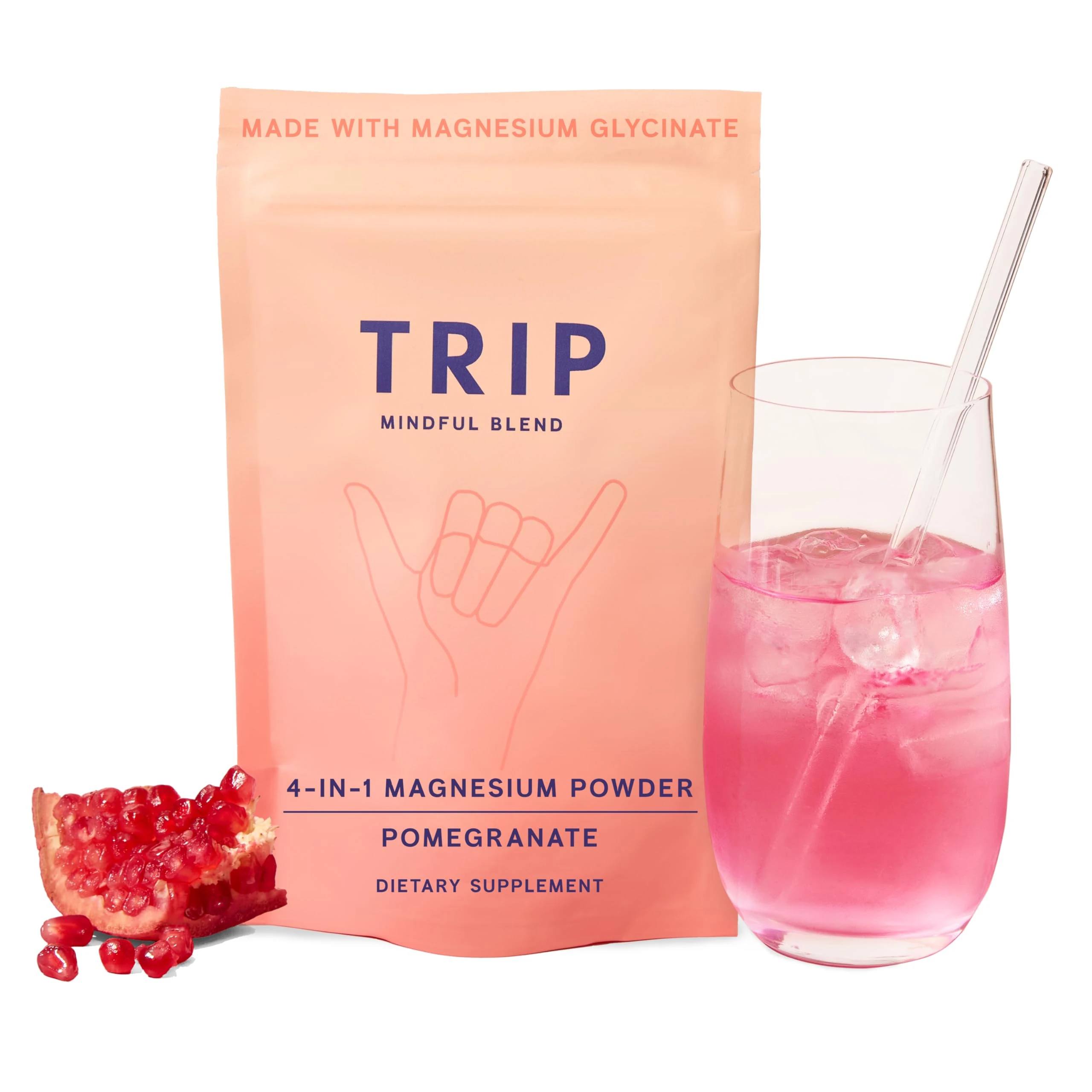 TRIP Magnesium Glycinate Powder - 7,500MG Magnesium per Pack with L-Theanine & Lion’s Mane, Delicious Pomegranate Orange Blossom Flavour, Sugar Free, 1 Pack - 30 Drink Mix Servings