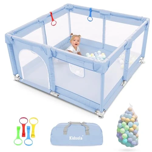 Kidoola Baby Playpen with Padded Frame & Mesh Walls, Balls & Pull Rings Included, for Indoor & Outdoor Use, Toddler Fence - Breathable Mesh, Extra Large Play Yard for Babies (127x127x65cm) (Blue)