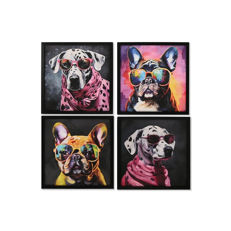 AlexandreHouse Cuadro Set of 4 Lienzo MDF 32 x 2 x 32 cm Perro Gafas
