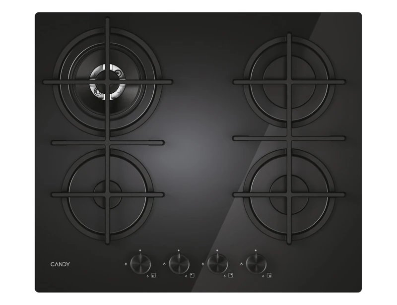 Candy CVG6BR4WTB Modern Gas Hob, 4 Burners, Tempered Glass, Double Crown Burner, Dishwasher-Safe Grills, HxWxD 0.8 x 59.5 x 51 cm, Black - Image 1