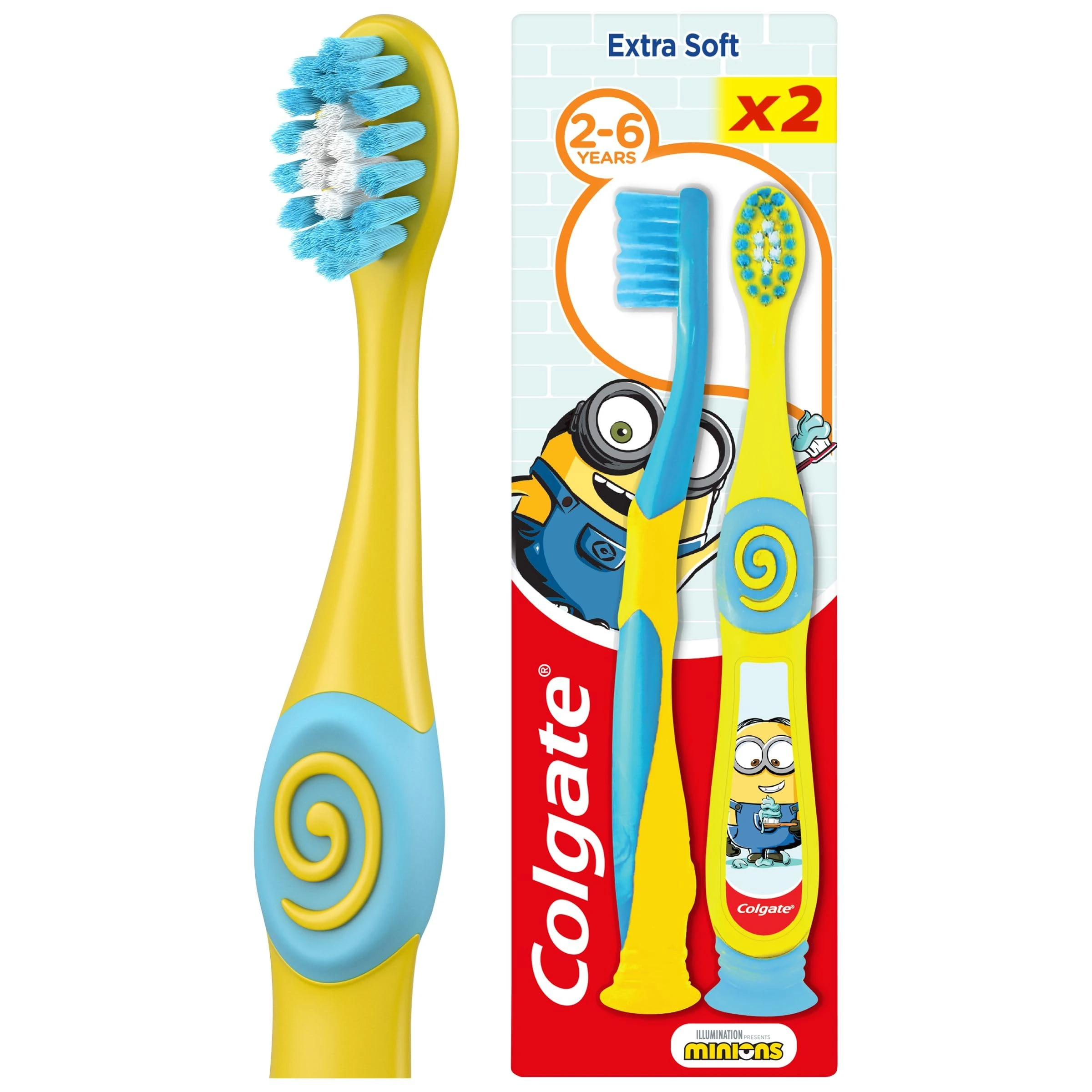 Colgate Kids Minions or Trolls Toothbrush 2 - 6 years - kids toothbrush - extra soft bristles - small toothbrush head - soft tongue cleaner - rounder handle and thumb rest - suction cup