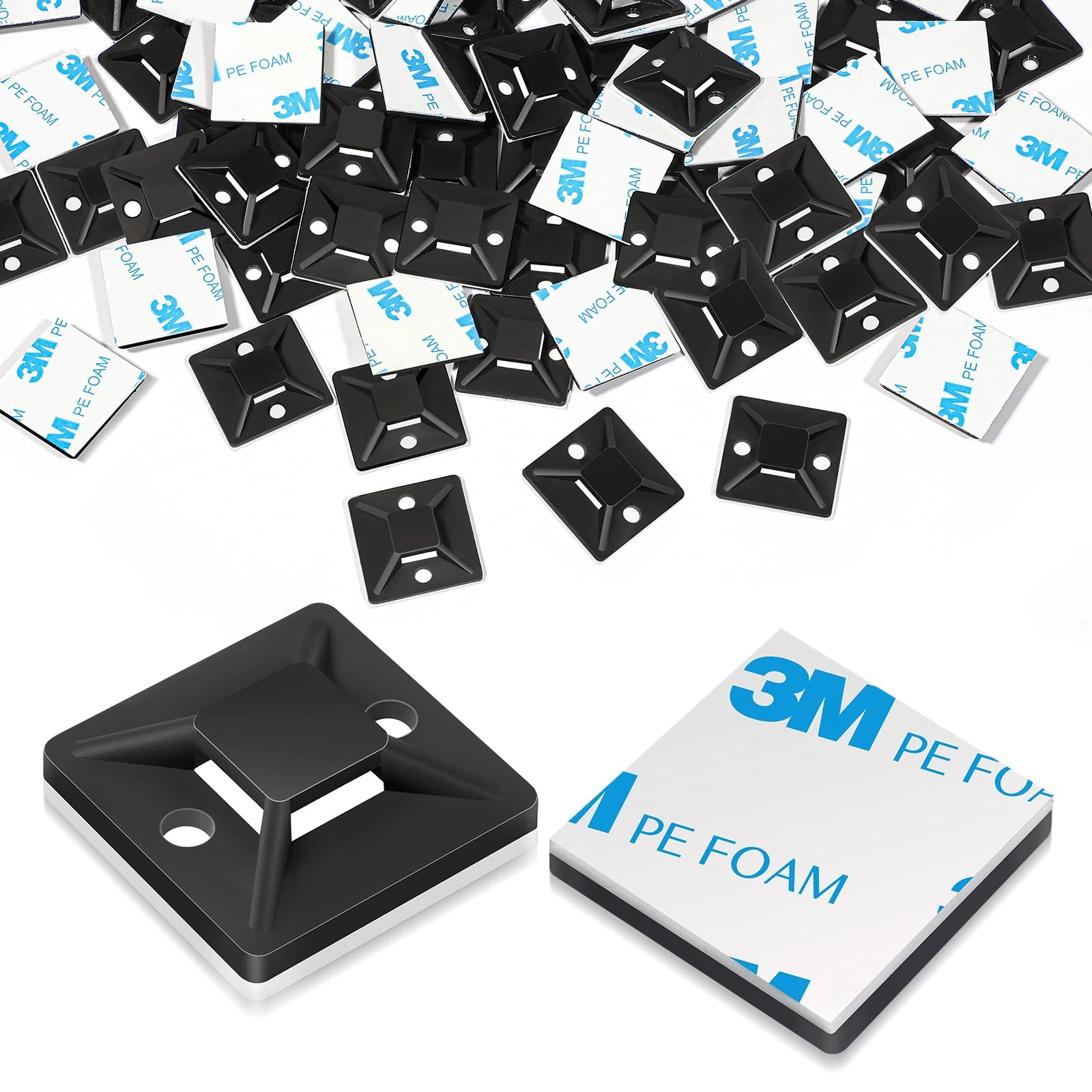 100 Pcs Cable Tie Mount 18 x 18mm, Sticky Cable Tie Pads Black Cables Ties Base, Self Adhesive Cables Clips Set for Home Office Garage and Workshop