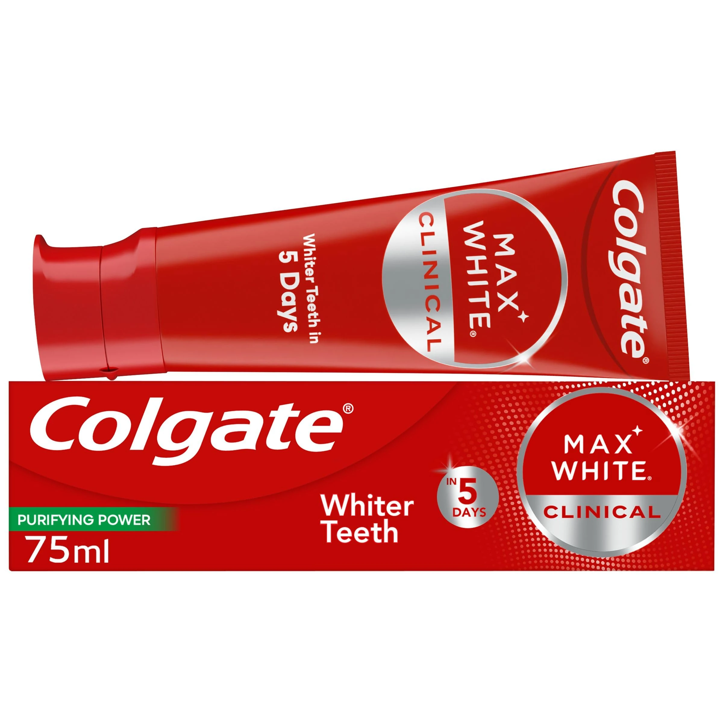 Colgate Max White Clinical Purifying Power Toothpaste 75ml - Hydrogen Peroxide Teeth whitening Toothpaste - Whiter Teeth in 5 Days - Deeply whitens Stains* - Enamel Safe for Daily use