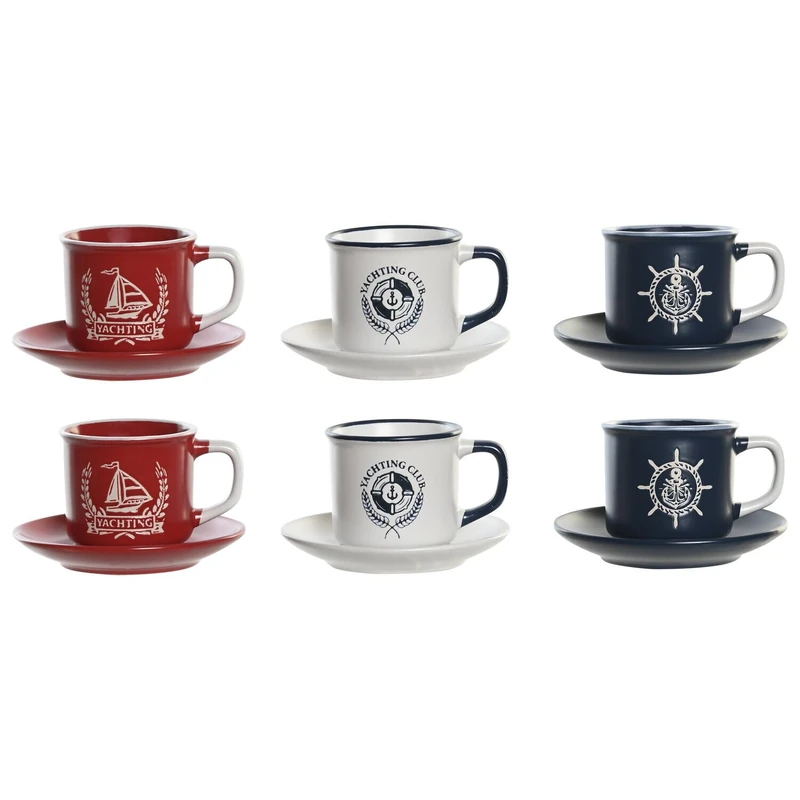 AlexandreHouse Coffee Set 6 Stoneware 12.5 x 12.5 x 2 150 ml, Grabado Azul - Image 1