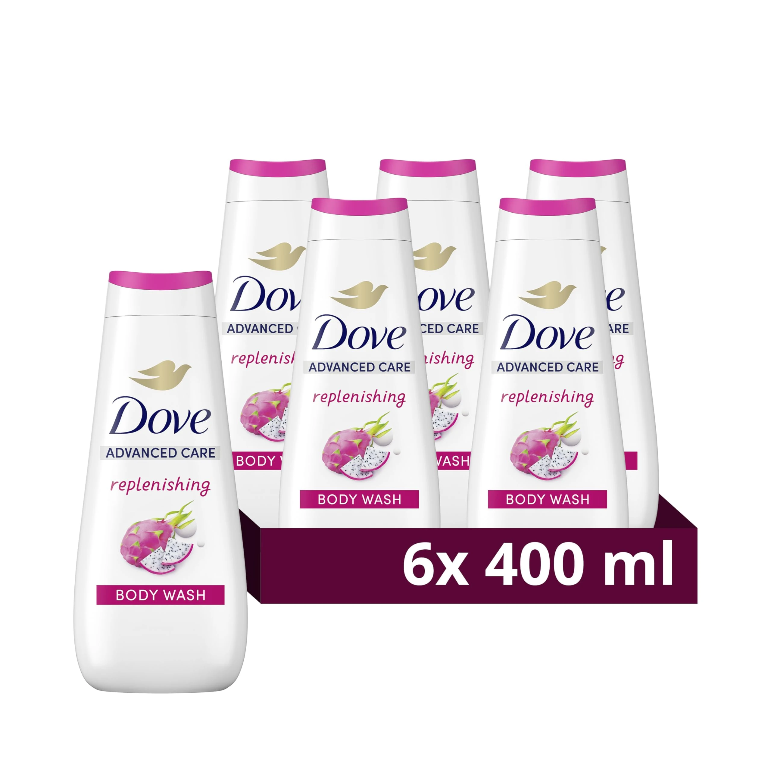 Dove Advanced Care Replenishing Body Wash shower gel with dragon fruit & coconut cream extracts for instantly lotion-soft skin 6x 400 ml