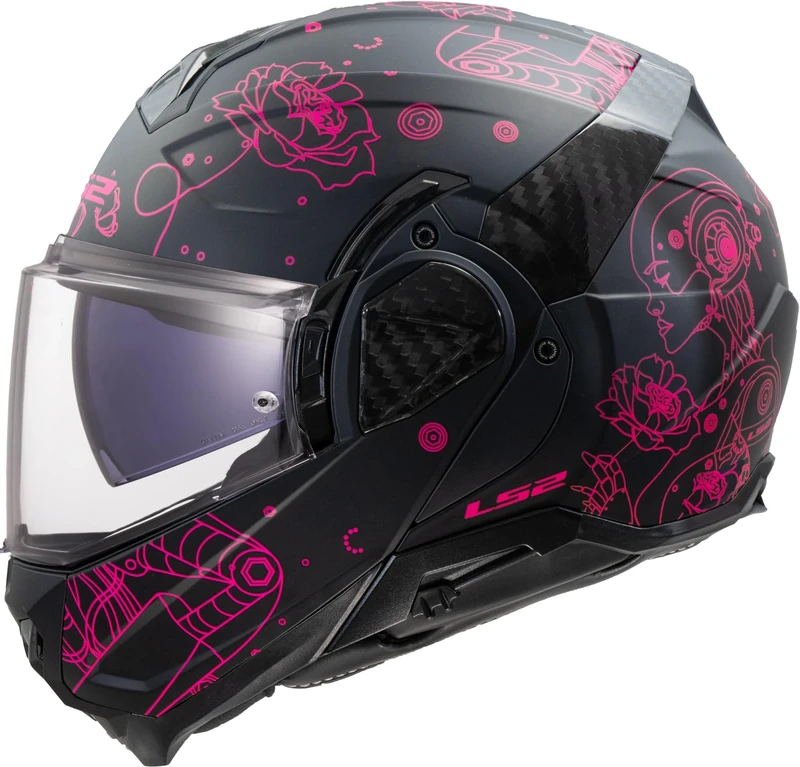LS2 Advant II FF910. Motorcycle Helmet. Modular Flip Up. KPA + Carbon Components. Pinlock and Carry Backpack Included. SOPHIA Matt Black Pink. S