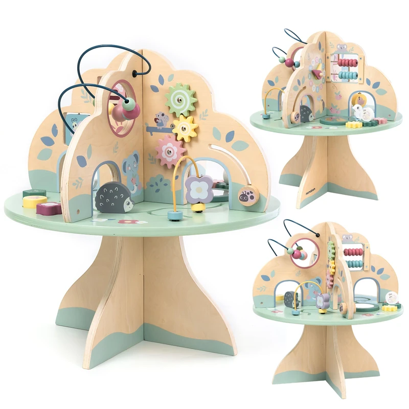 Mamabrum Wooden Activity Table – Multifunctional Tree Cube, 4 Play Zones with Baby Shape Sorter, Abacus, Motor Loop, Clock and Gears, Learning Colours and Numbers, For Toddlers 12+ Months