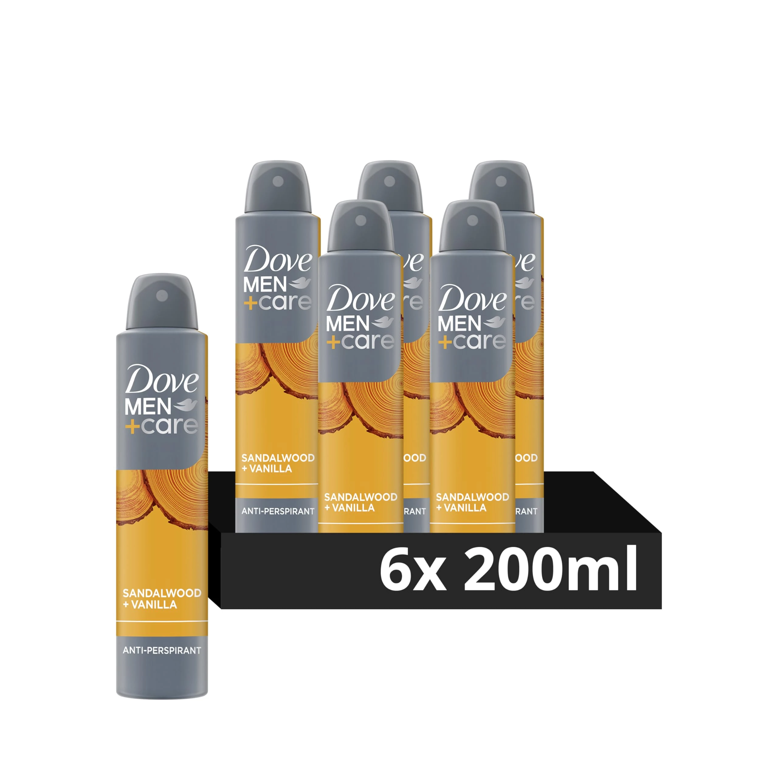Dove Men+Care Advanced Sandalwood & Vanilla Scent Men's Antiperspirant Deodorant Body Spray for 72 hour sweat protection and anti-bacterial odour control with ¼ moisturising cream 200 ml, Pack of 6