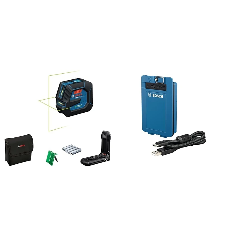 Bosch Professional line Laser GLL 20-22 G (Bracket LB 10, Green Laser, Indoor use, Dual Power Source, 2 x 1.5V LR6 Batteries) + BA 3.7V 3.0Ah XL Li-Ion Battery (USB-C Charging Port)
