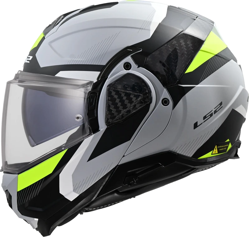 LS2 Advant II FF910. Motorcycle Helmet. Modular Flip Front. KPA + Carbon Components. Pinlock and Carry Backpack Included. TRIPLE Matt Light Grey H-Viz Yellow. L