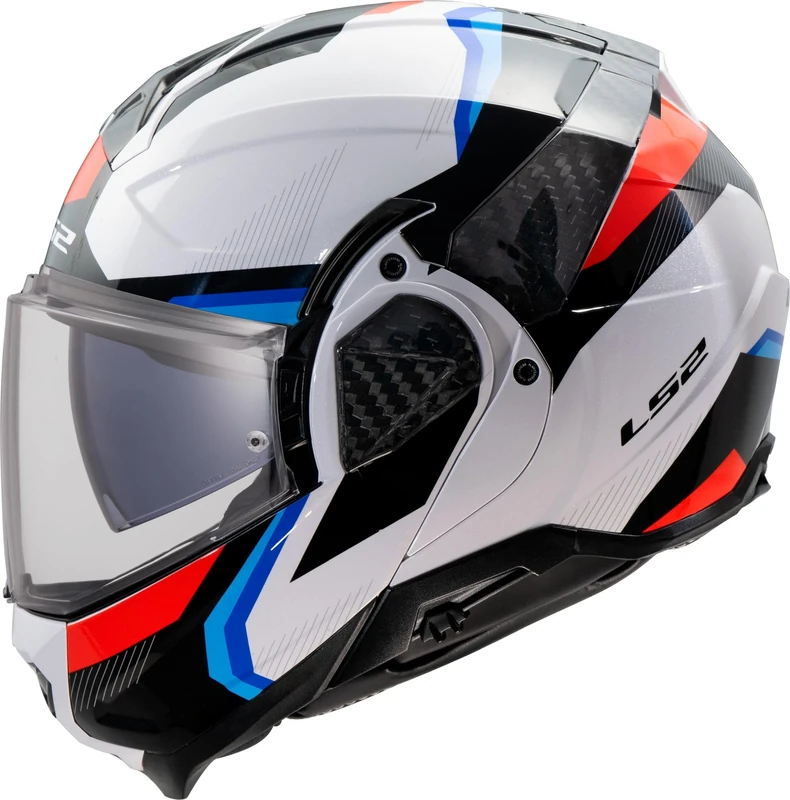 LS2 Advant II FF910. Motorcycle Helmet. Modular Flip Fronte. KPA + Carbon Components. Pinlock and Carry Backpack Included. TRIPLE Gloss White Blue Red. 3XL