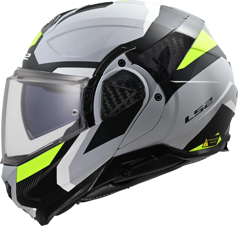 LS2 Advant II FF910. Motorcycle Helmet. Modular Flip Front. KPA + Carbon Components. Pinlock and Carry Backpack Included. TRIPLE Matt Light Grey H-Viz Yellow. XS