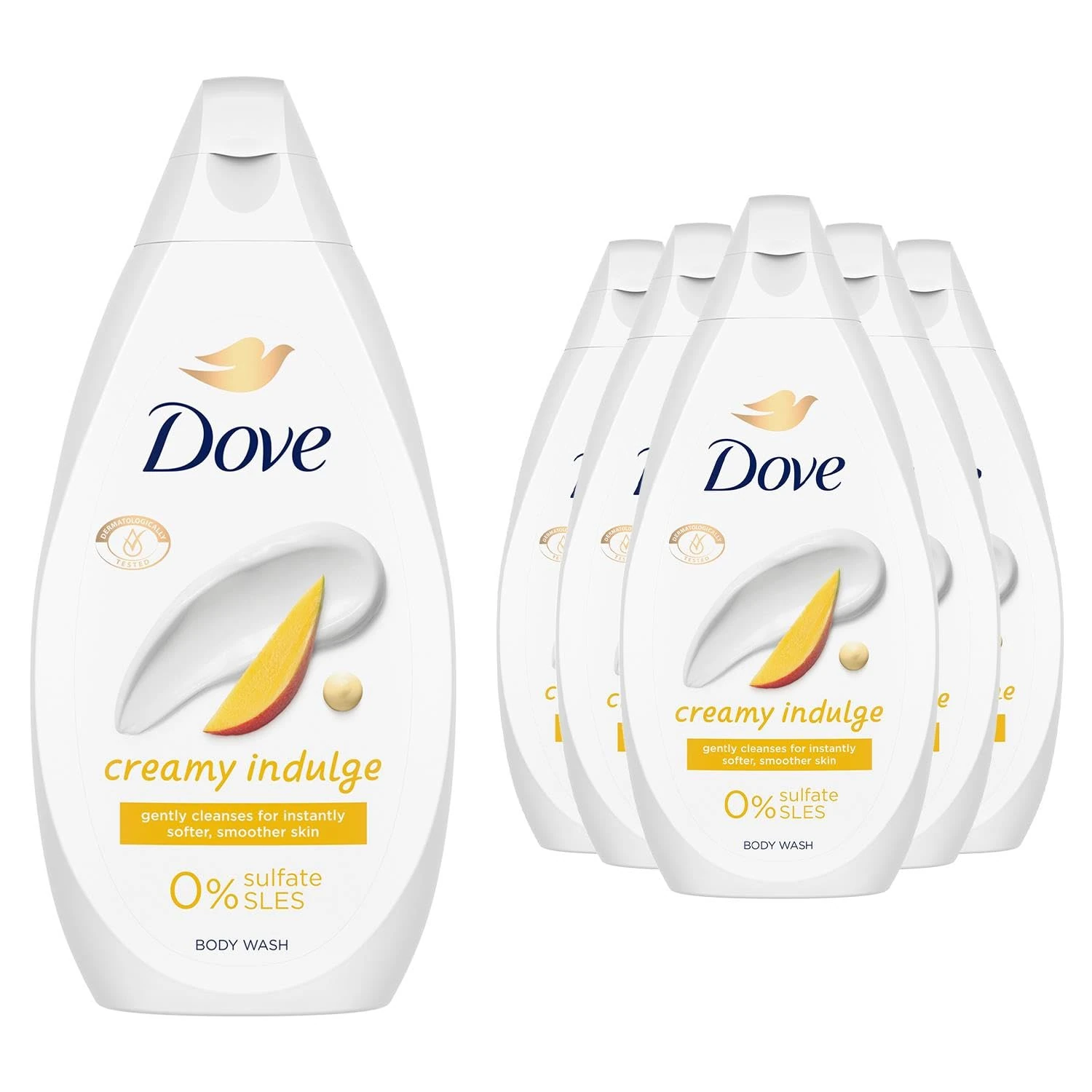 Dove Creamy Indulge Body Wash shower gel with mango nectar & tropical, floral notes for softer, smoother skin after one shower 6x 450 ml