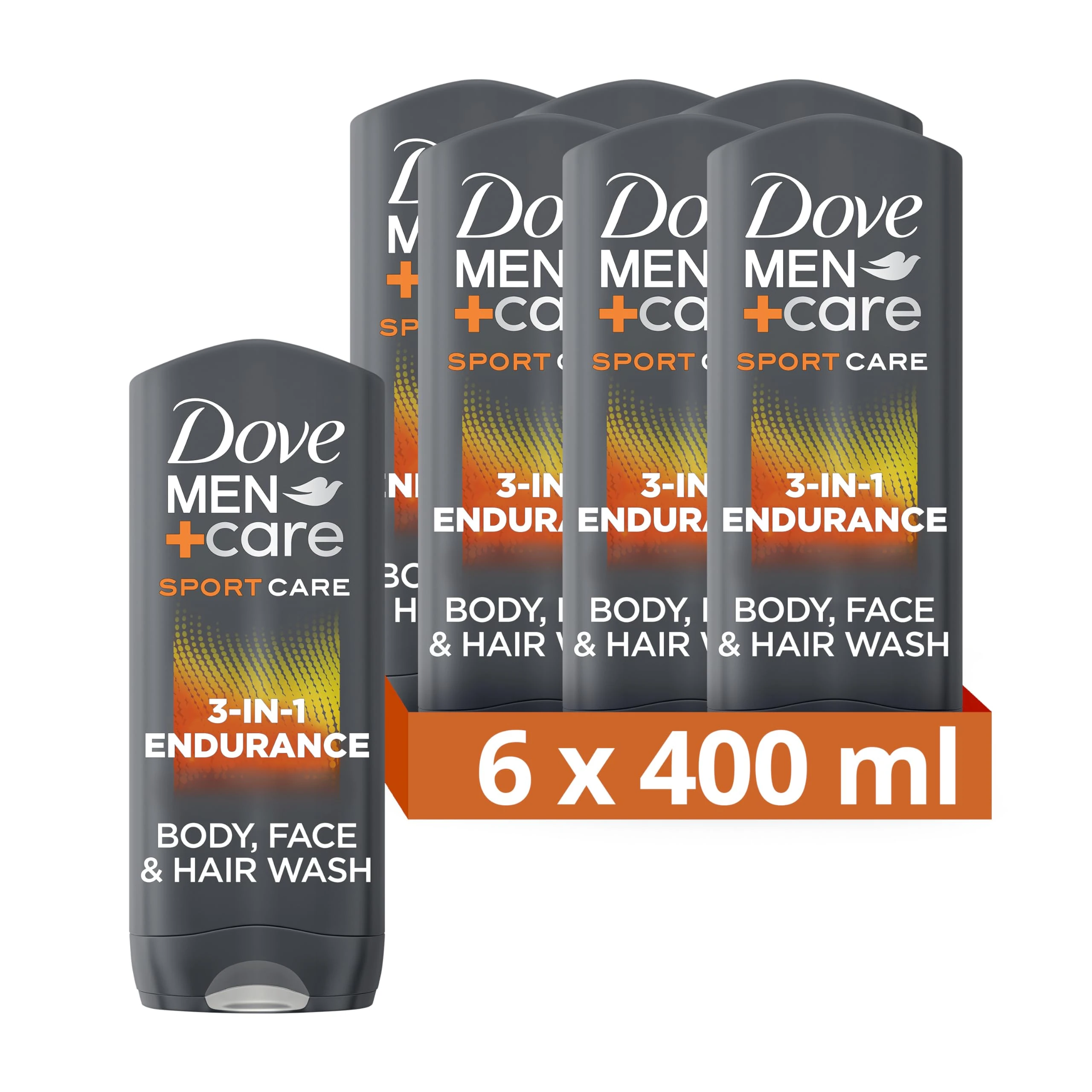 Dove Men+Care Sport Care Endurance Men's Body Wash Shower Gel Body Cleanser, 3-in-1 Hair, Face and Body Wash with 24 hour nourishing MicroMoisture technology for invigorated and re-energised skin 400 ml, Pack of 6