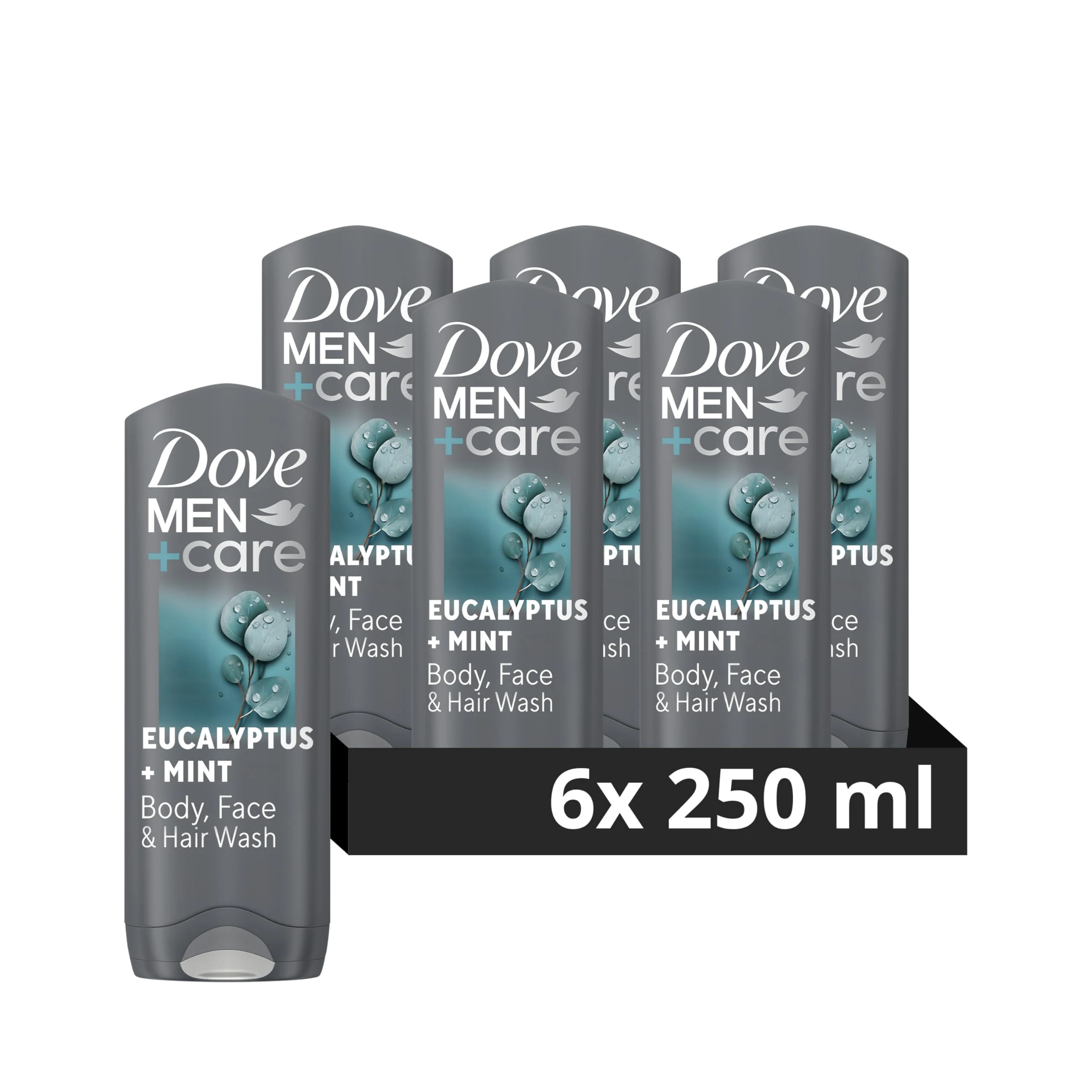 Dove Men+Care Revitalising Eucalyptus & Mint Fragrance 3 in 1 Hair, Face and Body Cleanser Shower Gel Body Wash with MicroMoisture technology for 24 hour nourishment 250 ml, Pack of 6