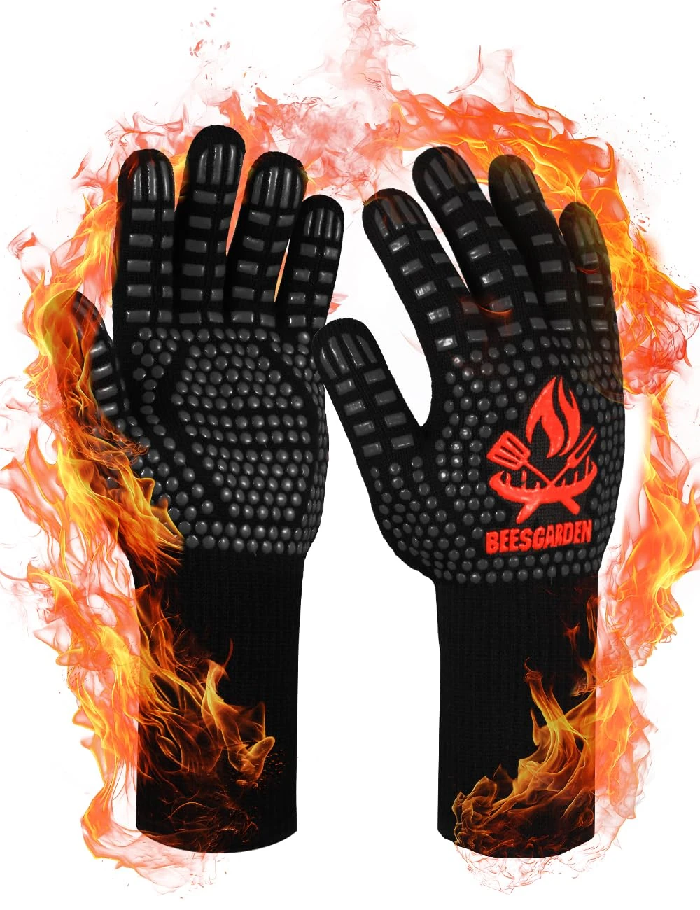 Beesgarden BBQ Gloves extreme heat resistant 800°C / 1472°F, Silicone Non-Slip Grilling bbq Gloves Oven Mitts Oven Gloves for Barbecue, Grilling, Cooking, Baking, Camping, Smoker - Black, S/M Size