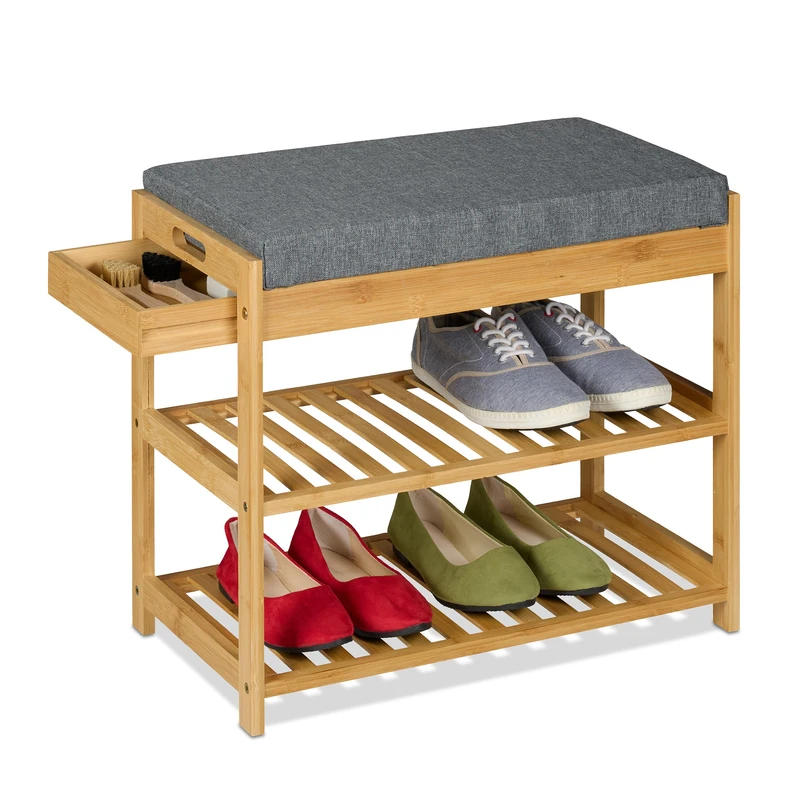 Relaxdays Shoe Bench, Footwear Rack, Padded Seat with Drawer, 2 Tiers, 49 x 55 x 30 cm, Bamboo & Linen, Natural/Grey, Foam - Image 1