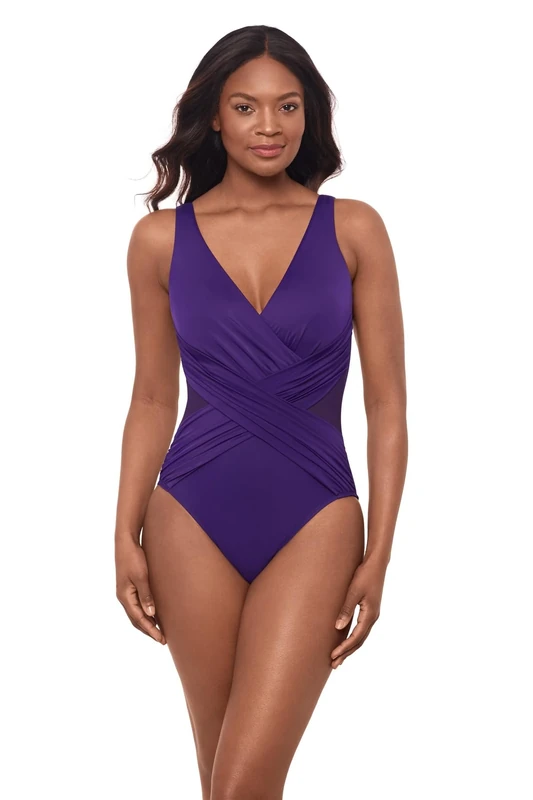 Miraclesuit Women's Illusionists Crossover One Piece Swimsuit, Mulberry, 8
