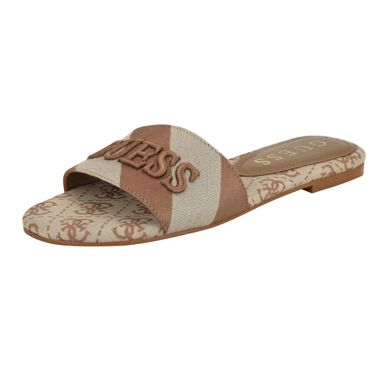 GUESS Women's Harini Flat Sandal, Medium Brown/White Stripe Multi 210, 7 UK