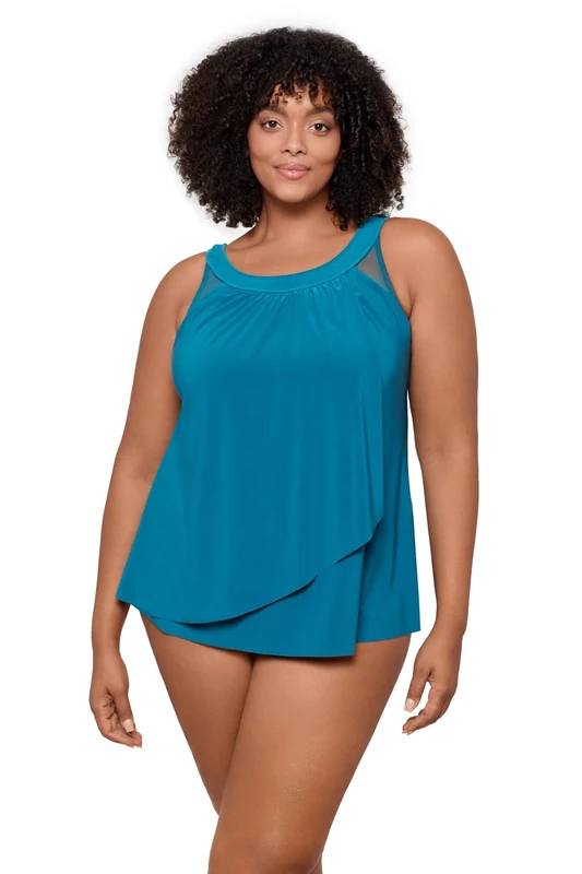 Miraclesuit Women's Swimwear Network Mariella High Neckline Mesh Detail Underwire Bra Tankini Bathing Suit Top, Aegean, 20