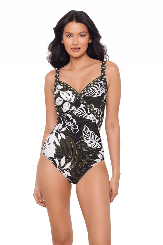 Miraclesuit Women's Swimwear Sanibel Tummy Control Underwire Bra One Piece Swimsuit, Black/Multi, 10