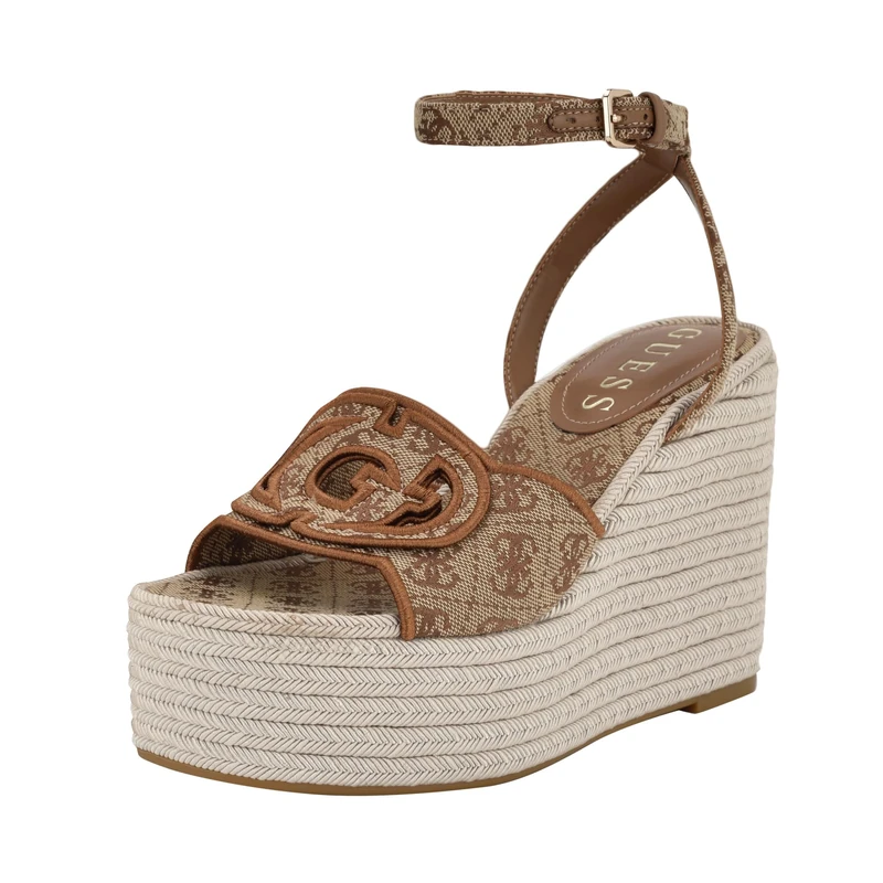 GUESS Women's Tanveey Wedge Sandal, Medium Brown Logo 210, 6.5 UK