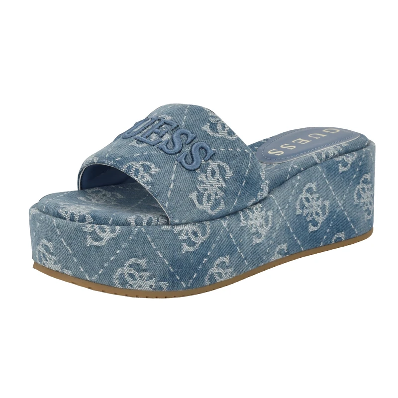 GUESS Women's Bintai Sandal, Medium Blue Denim Logo 420, 8