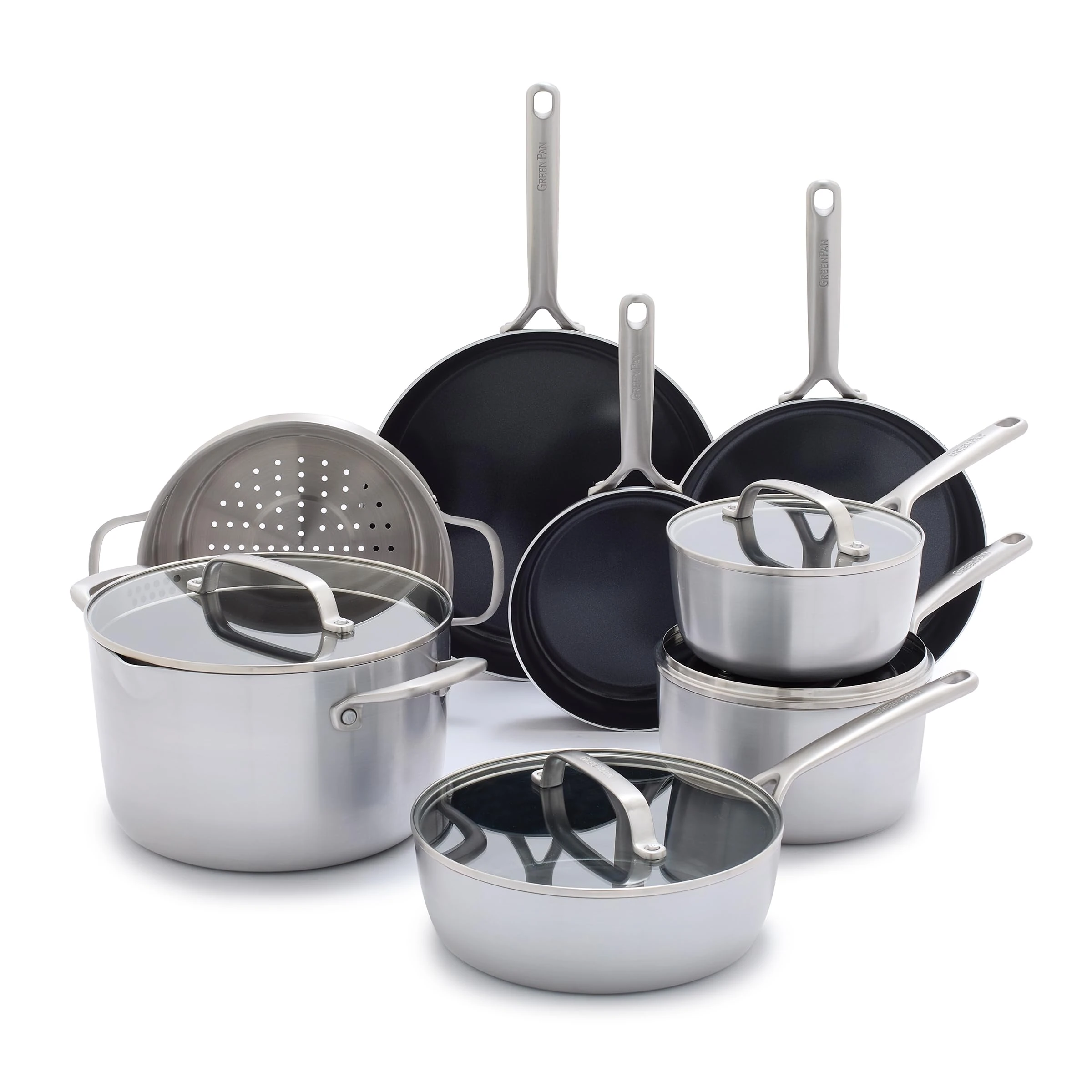GreenPan GP5 Vista 5-Ply Stainless Steel 12 Piece Cookware Pots & Pans Set, Healthy Ceramic Nonstick PFAS-Free, Induction, Frying Pans, Sauté, Saucepans, Stock Pot, Glass Lids, Dishwasher & Oven Safe