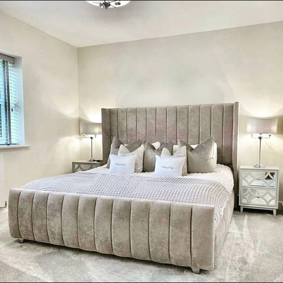 Bed Croft Chesterfield Wing Panel Bed Frame - Upholstered in Plush/Crushed Velvet - Uk Made - Double/King/Super King (Silver Plush, Super King 6ft (with Gas Lift))