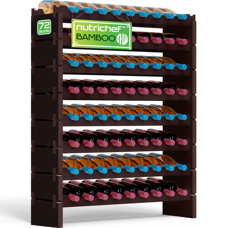 NutriChef Bamboo Stackable Wine Rack, 8-Tier 72 Bottle Capacity Wine Racks Free Standing Floor, Modular Storage Display Shelf for Kitchen and Cellar 85 x 25 x 107 cm, Dark Brown