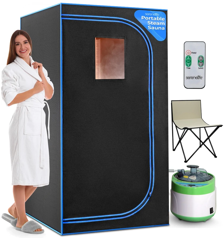 SereneLife Portable Steam Sauna for Home, Compact Tent with 4L Steamer, Folding Chair, Personal Rejuvenation Spa, 9 Heat Levels, Remote Control, Spacious in-Home, 71" x 35" (Black)