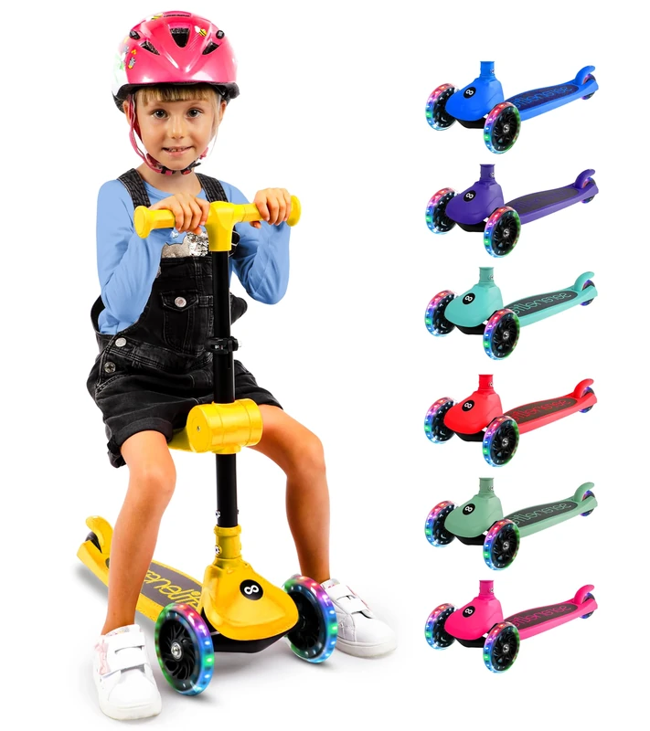 SereneLife 3 Wheel Kids Scooter, Kick Scooter with/without Foldable Seat, Light-Up LED Wheels, Adjustable Handlebar, Lean to Steer, Ideal for Toddlers Boys and Girls Age 3+, Up to 50Kg