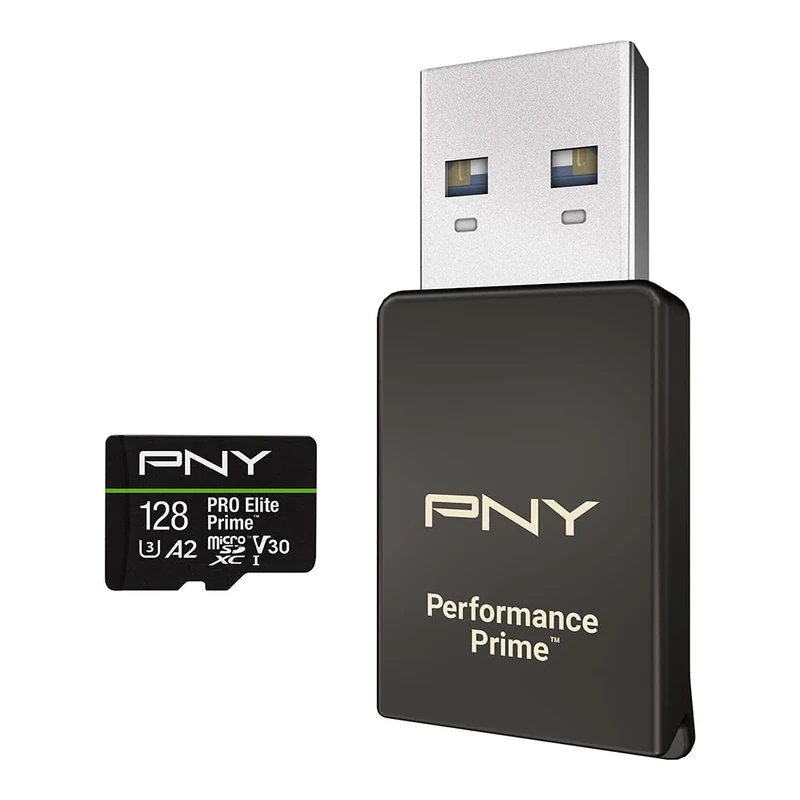 PNY Kit microSDXC/microSD Reader/SD adapter, 128GB PRO Elite Prime Class 10 U3 V30 A2 microSDXC Flash card, up to 200MB/s, 4K UHD