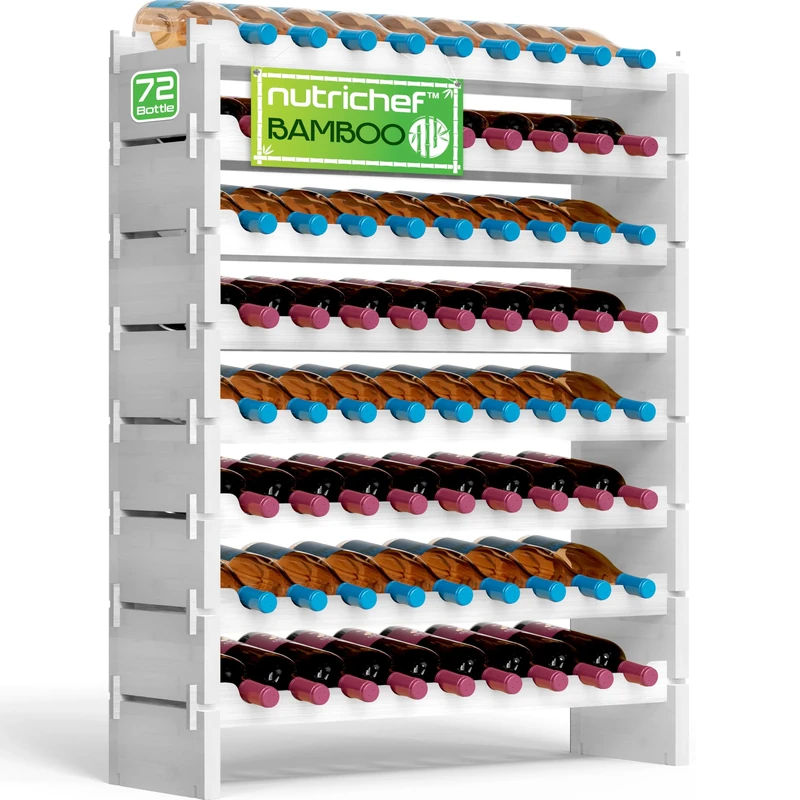 NutriChef Bamboo Stackable Wine Rack, 8-Tier 72 Bottle Capacity Wine Racks Free Standing Floor, No Tools Assembly, Modular Storage Display Shelf for Kitchen and Cellar 85 x 25 x 107 cm, White