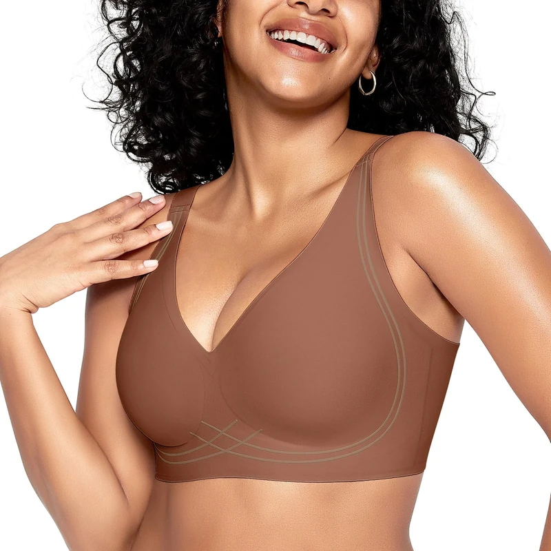 ProKloud Non Wired Bras for Women Seamless Push Up Bra Comfort Wireless Support Deep V Sleep Bralettes Soft T Shirt Ladies Bras Brown