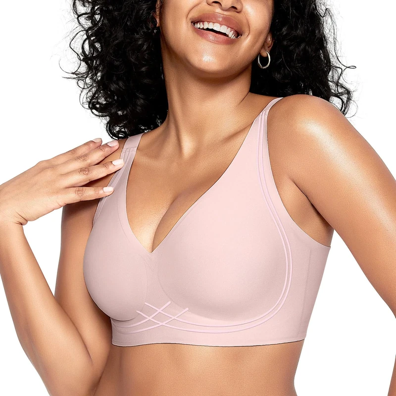 ProKloud Non Wired Bras for Women Seamless Push Up Bra Comfort Wireless Support Deep V Sleep Bralettes Soft T Shirt Ladies Bras Pink