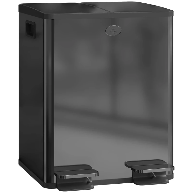 HOMCOM Dual Kitchen Bin, 2 x 20L Stainless Steel Double Rubbish Bin with Soft Close Lid, Removable Inner Buckets, Fingerprint-Proof for Recycling and Waste, Black