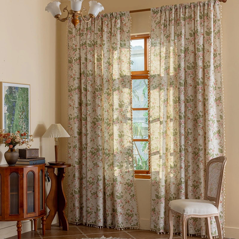 ENJOYBRIDAL Pink Floral Curtains 84 Inches Long Bedroom Semi Sheer Drapes Floor Length Living Room Farmhouse Boho Window Curtains 2 Panel Sets Dining Room Decor Rod Pocket Tassel Window Treatments