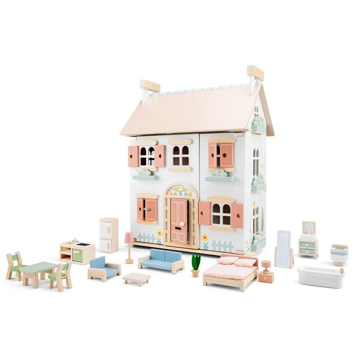 New Classic Toys - Doll House Including Furniture - Wooden Dollhouse with 20 Pieces of Furniture - Fully Furnished Interior, Removable Roof, and Detailed Decor - Perfect for Imaginative Play