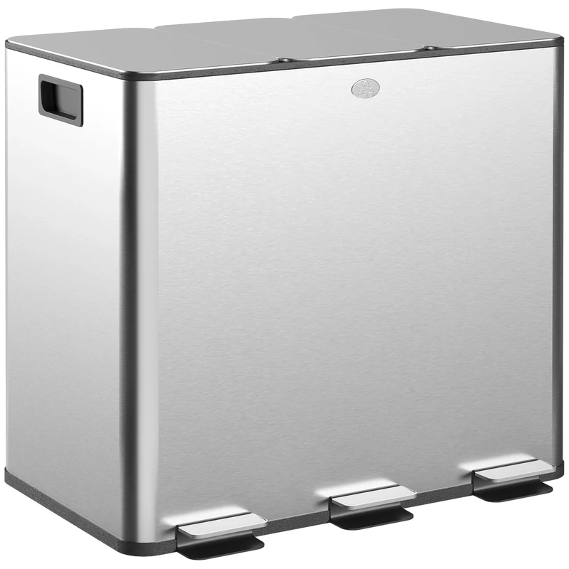 HOMCOM Triple Kitchen Bin, 3 x 15L Pedal Bin, Stainless Steel Three Rubbish Bin with Removable Inner Buckets, Soft Close Lid, Fingerprint-Proof for Recycling and Waste, Silver Tone