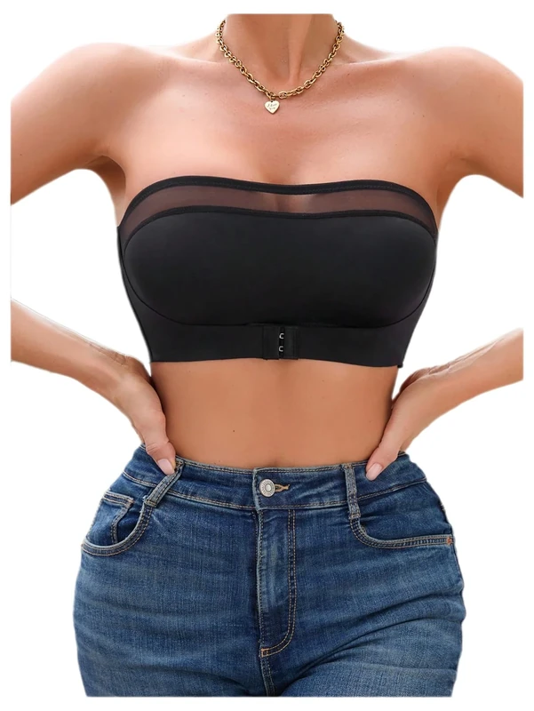 GORGLITTER Women's Mesh Wireless Front Fastening Bras Sexy Strapless Sheer Comfy Bandeau Bras Black Medium