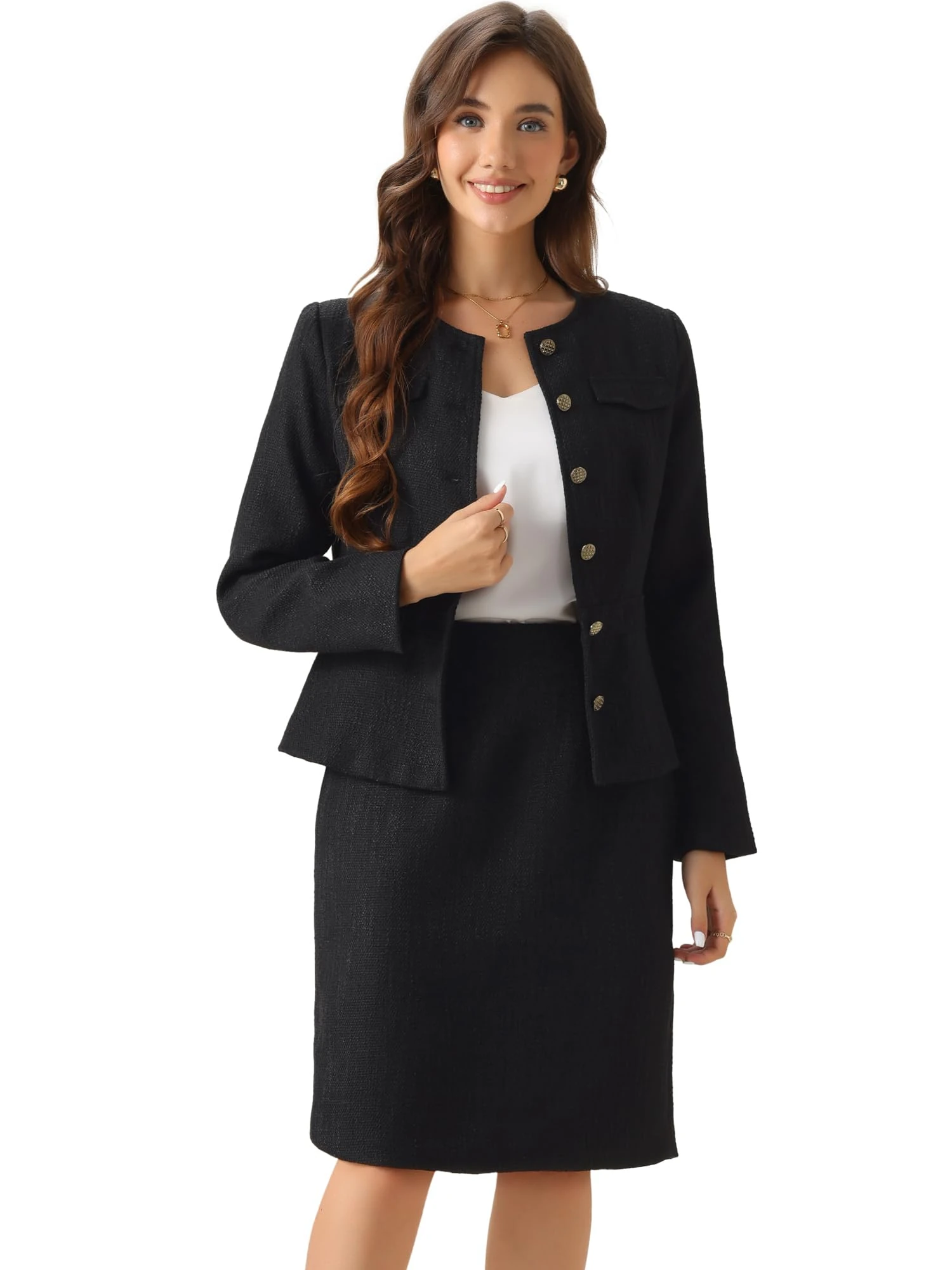 Allegra K Suit Set for Women's 2 Piece Outfits Tweed Peplum Collarless Blazer Jacket and Skirt Sets Black L