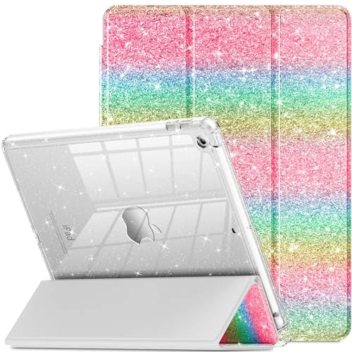 INFILAND for iPad 9th Generation 2021/ iPad 8th Generation 2020/ iPad 7th Generation 2019 Case 10.2 inch, Glitter Cover with Clear Back, Pencil Holder for Kids Girls (Rainbow Shimmer)
